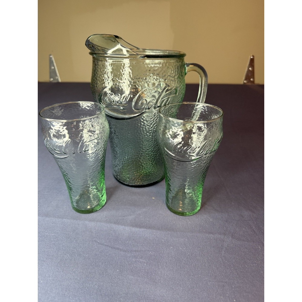 Coca-Cola Green & Clear Glass Pitcher with 2 Tumblers Soda Theme Set